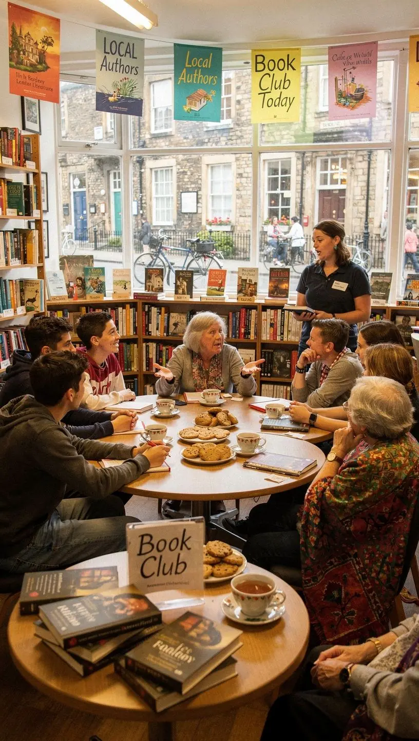 A local artist's work exhibited on the bookstore walls, blending creativity with literary themes.