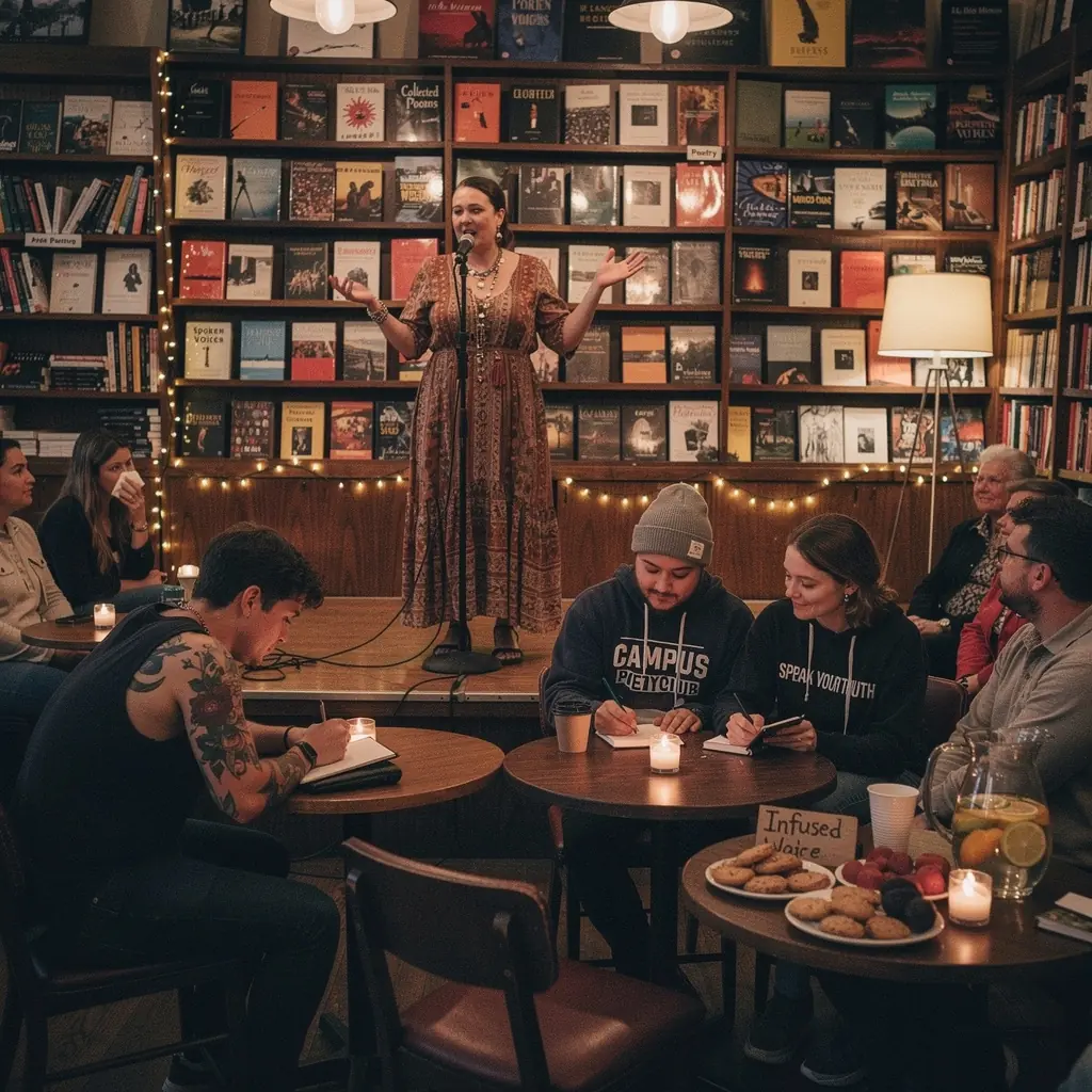 A warm coffee corner with patrons enjoying beverages while immersed in their favorite reads.